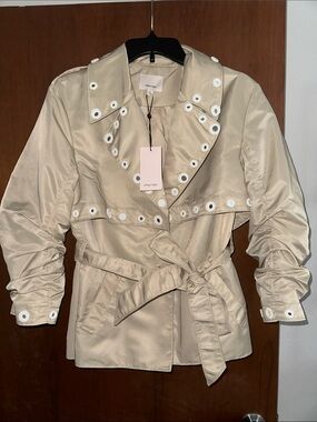 cinq a sept Beige Eyelet-Trim Belted Trench Jacket